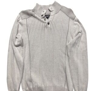 Carbon Mens Medium Carbon‎ Gray Ribbed Sweater Mock Neck Button Up Knit Pullover